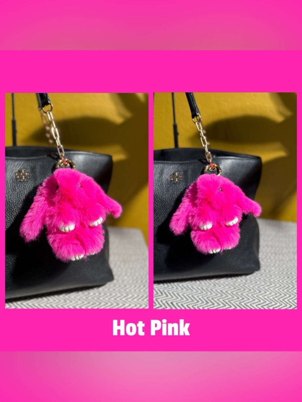 Faux Fur Bunny Bag Charm | Bright Pink Shades & Gold Hardware - Choice of 1 - Picture 3 of 7